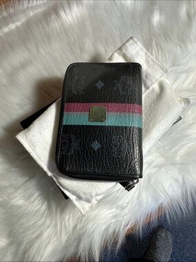 MCM Black Leather Zip Wallet with Pink & Teal Center Stripes
